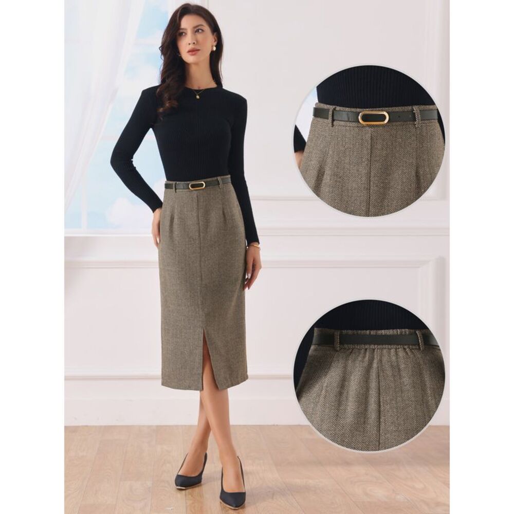 Women's Midi Pencil Skirt Fall Winter Slit Office Skirts with Belt Brown - Picture 2 of 5